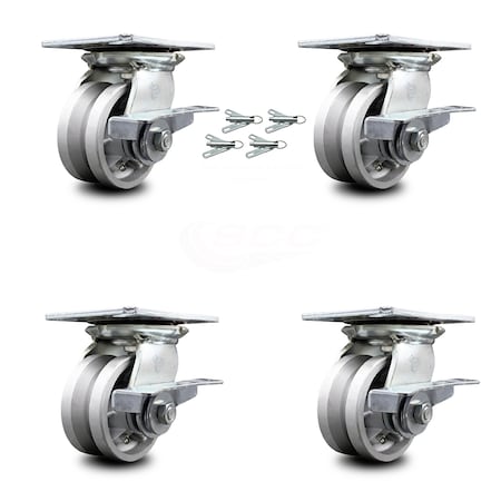 Service Caster 4 Inch V Groove Semi Steel Caster Set with Ball Bearings and Brakes/Swivel Locks SCC-35S420-VGB-SLB-BSL-4